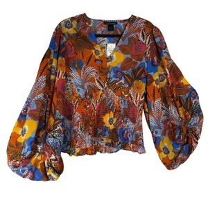 Ashley Stewart Floral Smocked Waist Balloon Sleeve Blouse Multi Color 10/12 NWT